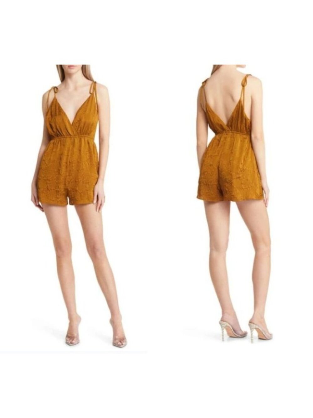 Open Edit Tie-Shoulder Textured Romper, Brown Bronze,